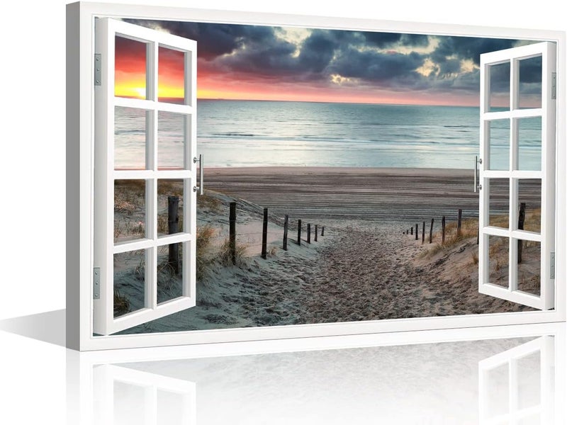 TISHIRON 3D Window Effect Canvas Art Wall Framed Modern Home Decor Beach Coconut Tree View Pictures for Home Living Room Dining Room Wall Decor Posters Prints Ready to Hang - 36" W x 24" H - Image 1