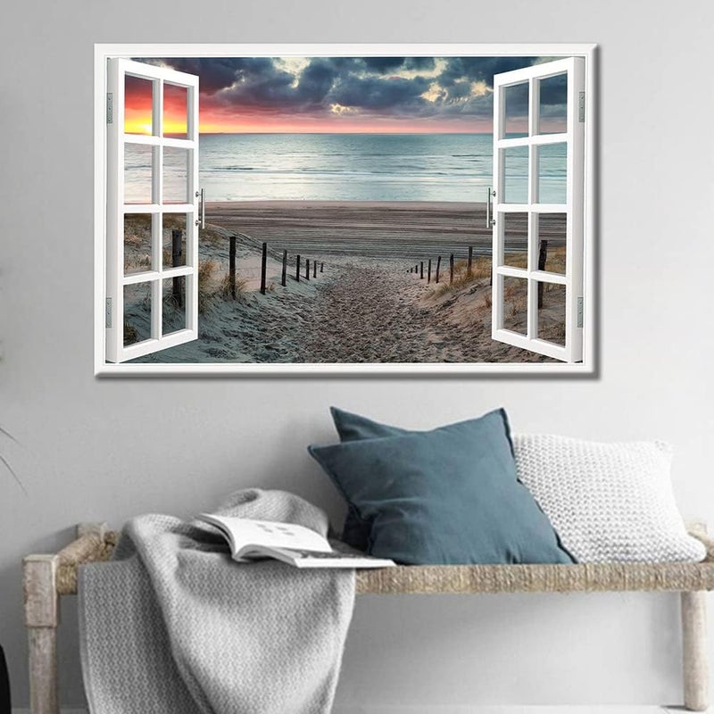 TISHIRON 3D Window Effect Canvas Art Wall Framed Modern Home Decor Beach Coconut Tree View Pictures for Home Living Room Dining Room Wall Decor Posters Prints Ready to Hang - 36" W x 24" H - Image 2