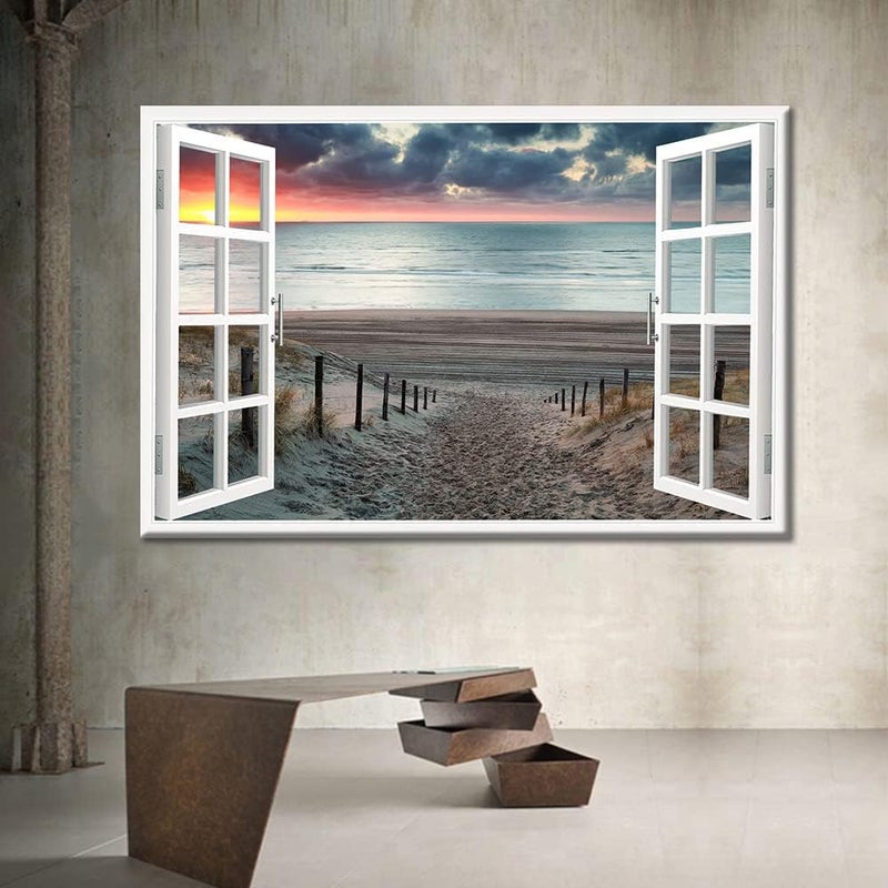 TISHIRON 3D Window Effect Canvas Art Wall Framed Modern Home Decor Beach Coconut Tree View Pictures for Home Living Room Dining Room Wall Decor Posters Prints Ready to Hang - 36" W x 24" H - Image 3