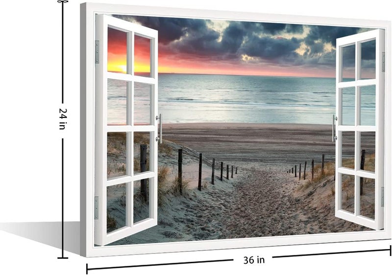 TISHIRON 3D Window Effect Canvas Art Wall Framed Modern Home Decor Beach Coconut Tree View Pictures for Home Living Room Dining Room Wall Decor Posters Prints Ready to Hang - 36" W x 24" H - Image 5