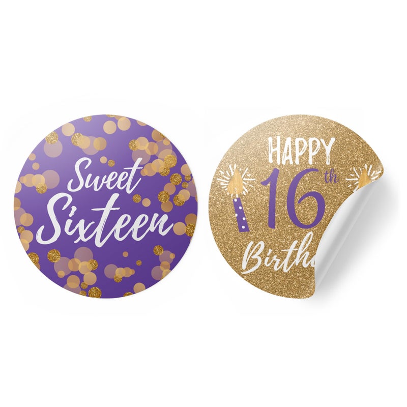Purple and Gold Sweet 16 Birthday Stickers Happy16th Birthday Party Favor Labels Purple Sweet Sixteen  40 Count