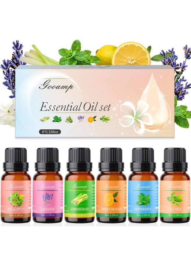 Gooamp Essential Oils Set-Top 6 Organic Blends for Diffusers,Candle Making,Aromatherapy,Humidifiers,Gifts - Peppermint,TeaTree,Lavender,Eucalyptus,Lemongrass,Orange(6X0.33 fl oz) - Image 1