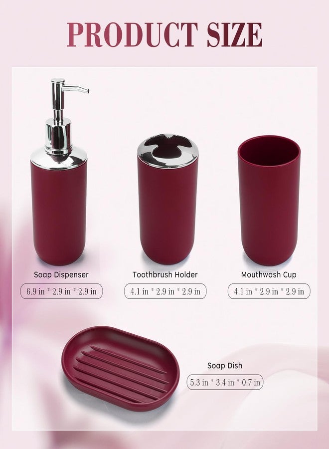 CDorigin 4 Pcs Plastic Bathroom Set Include Soap Dispenser, Soap Dish, Toothbrush Holder, Mouthwash Cup, Modern Bahtroom Décor Set（Wine Red） - Image 2