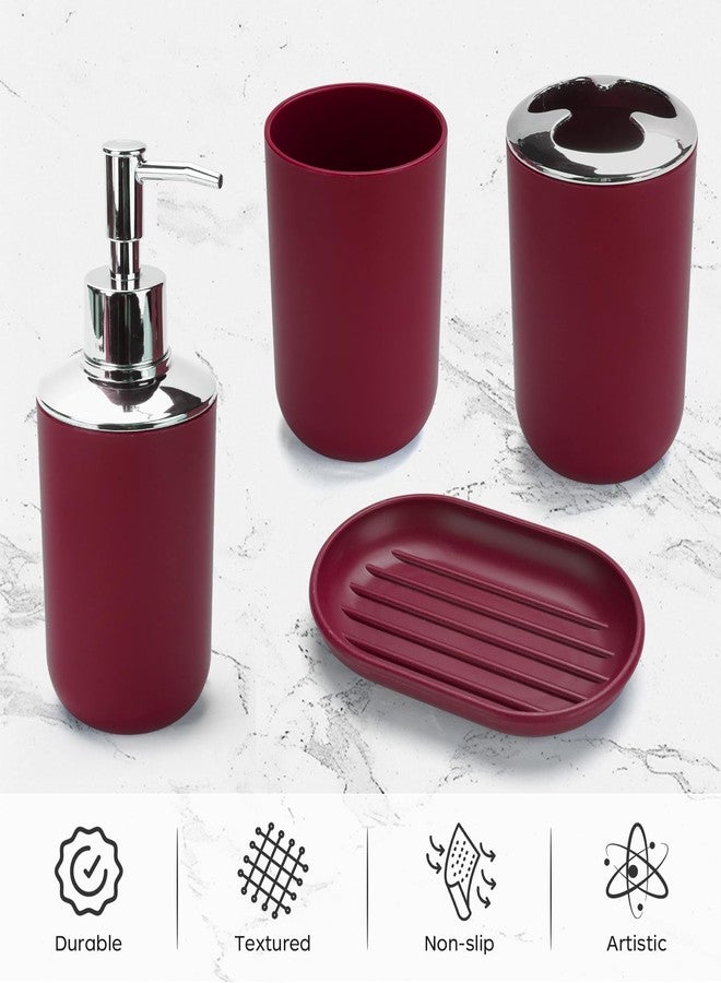 CDorigin 4 Pcs Plastic Bathroom Set Include Soap Dispenser, Soap Dish, Toothbrush Holder, Mouthwash Cup, Modern Bahtroom Décor Set（Wine Red） - Image 4