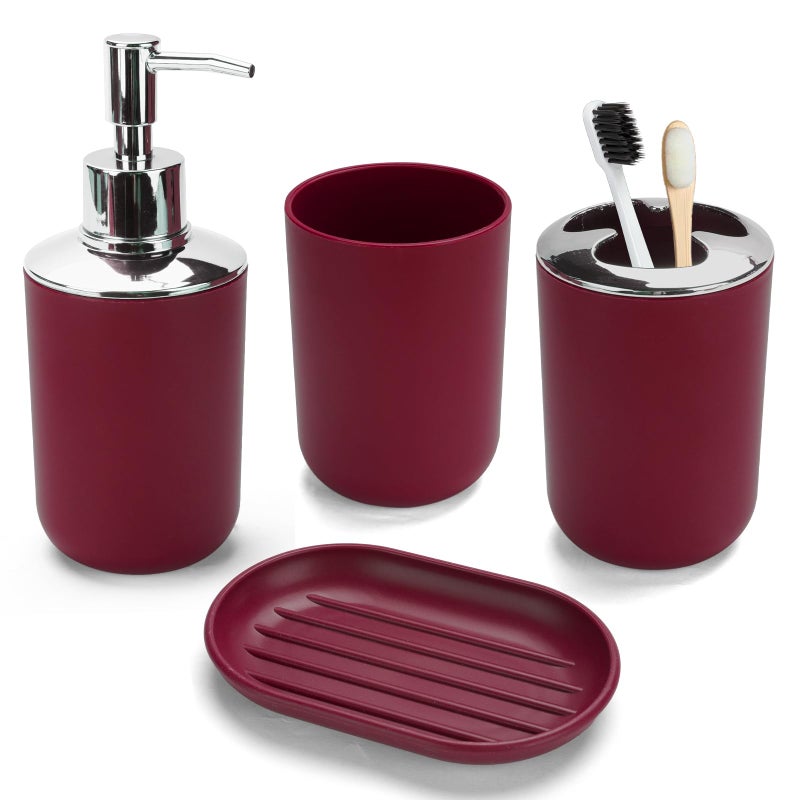CDorigin 4 Pcs Plastic Bathroom Set Include Soap Dispenser, Soap Dish, Toothbrush Holder, Mouthwash Cup, Modern Bahtroom Décor Set（Wine Red） - Image 1
