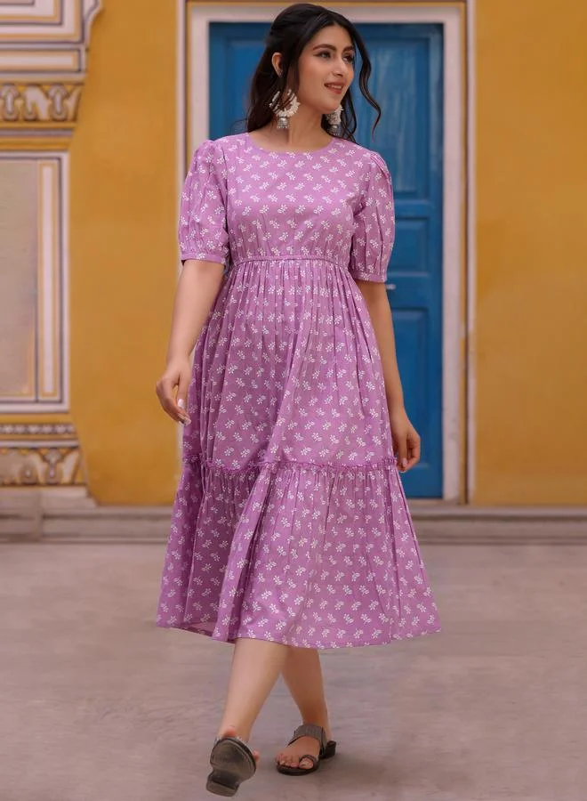 KASYA Lavender Cotton Floral Printed Tiered Dress