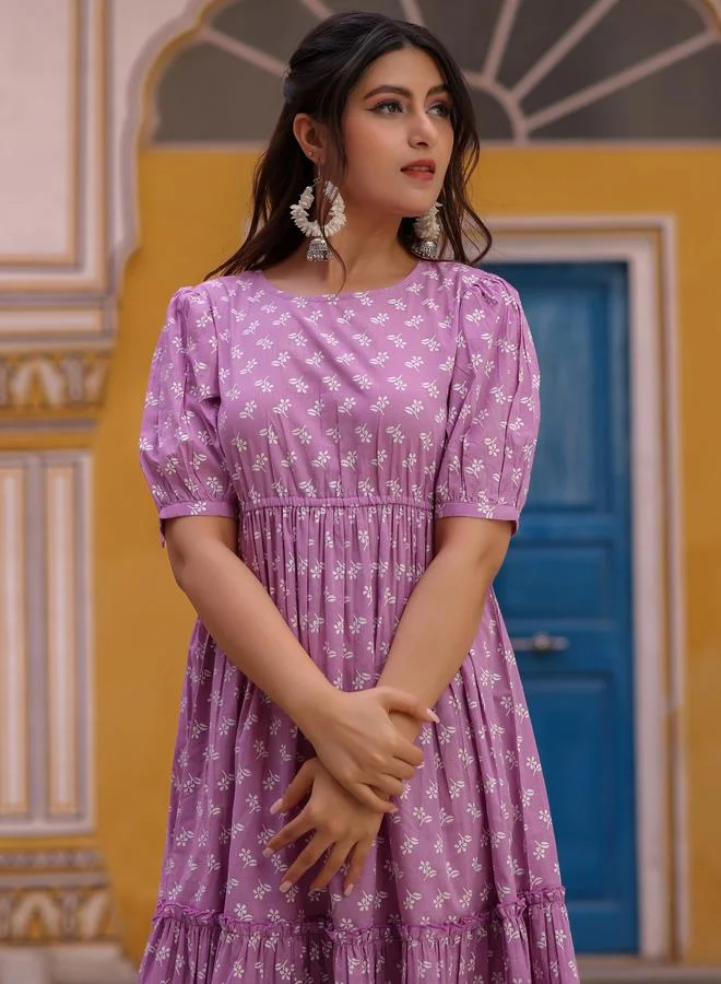 KASYA Lavender Cotton Floral Printed Tiered Dress