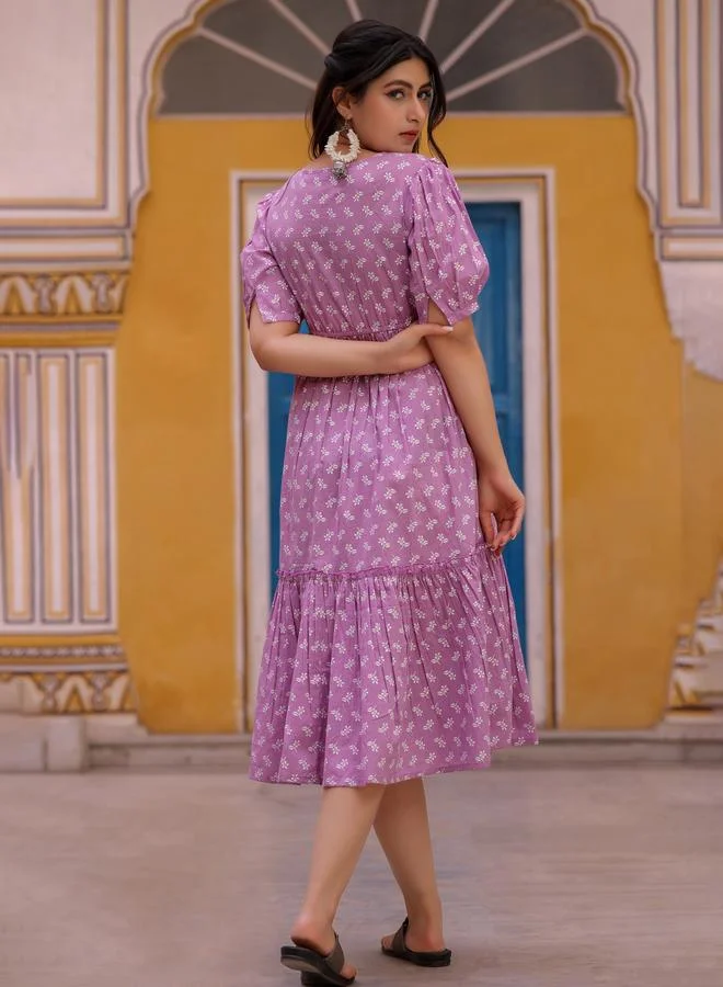 KASYA Lavender Cotton Floral Printed Tiered Dress