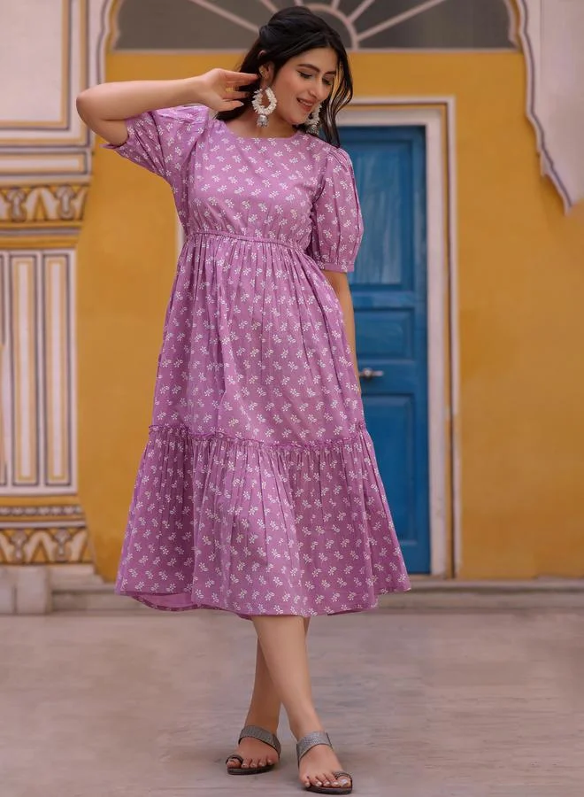 KASYA Lavender Cotton Floral Printed Tiered Dress