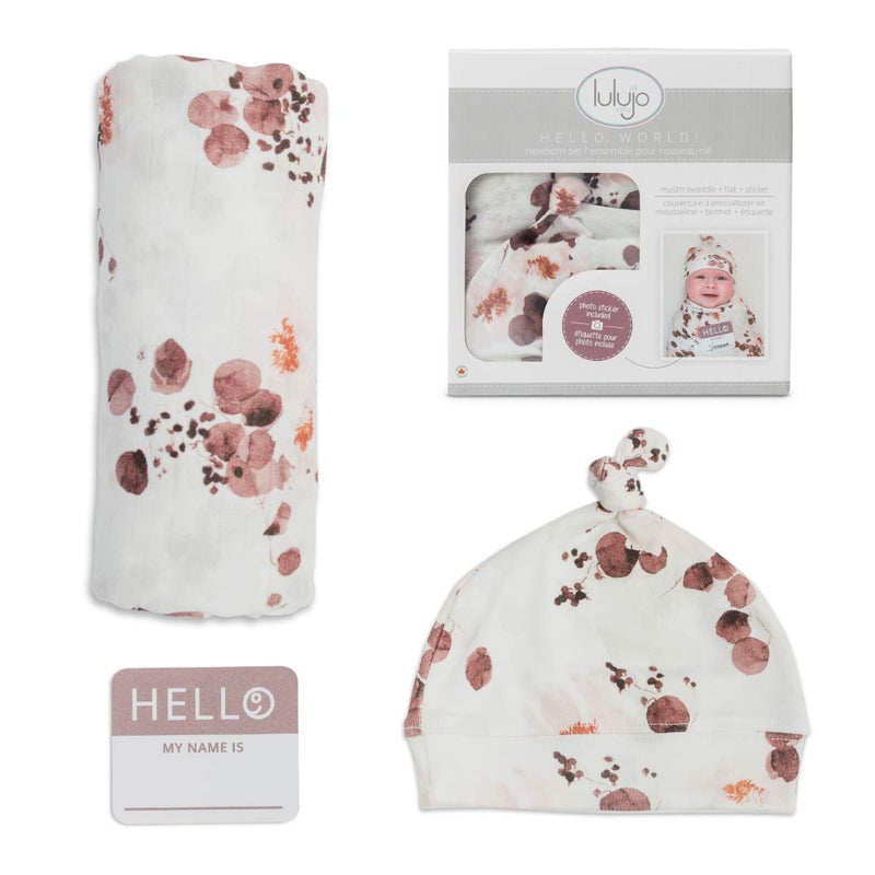 lulujo lulujo Birth Announcement Hat Swaddle Blanket Set Unisex Softest Bamboo Muslin Baby Swaddle Blanket Neutral Receiving Blanket 47in x 47in Bamboo Knot Hat Hello Birth Announcement Sticker