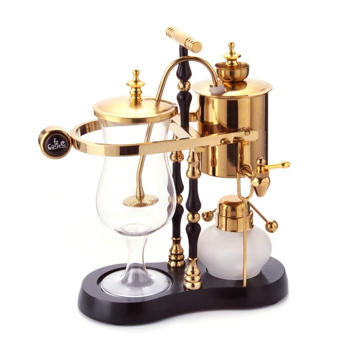 BELGIANBELGIUM FAMILY BALANCE SIPHONSYPHON COFFEE MAKER ELEGANT DOUBLE RIDGED FULCRUM WITH TEE HANDLE EGYPTIAN BLACK GOLD