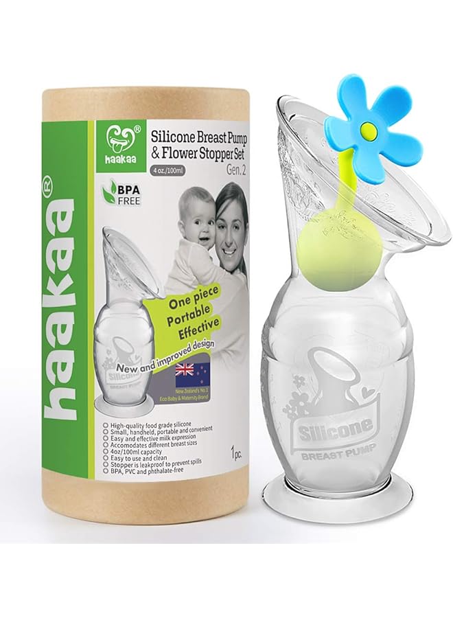 هاكا مضخة ثدي من السيليكون مع قاعدة شفط وسدادة زهور سعة 100 مل باللون الأزرق - Image 1