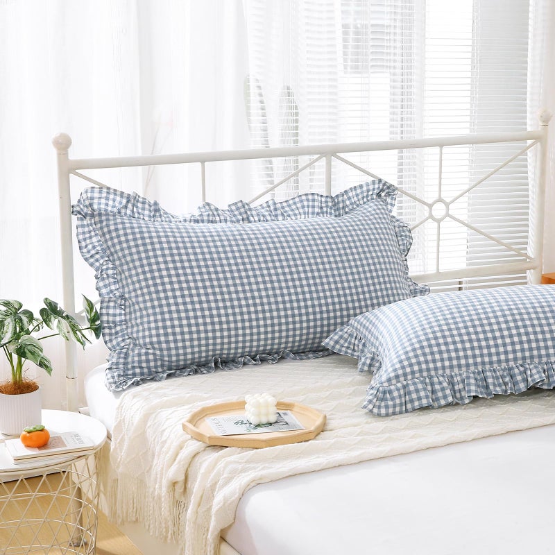 K MASANIJI K MASANIJI 2 Pack Dusty Blue Plaid Ruffle King Size Pillow Shams 20x36 inches  100% Cotton Gingham Checkered Farmhouse Pillow Covers for Bed/Sofa (20x36 inches  Dust Blue/White Plaid)  - Image 1