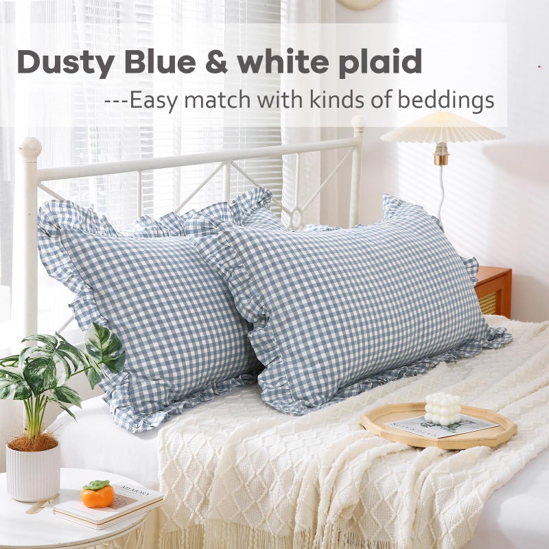 K MASANIJI K MASANIJI 2 Pack Dusty Blue Plaid Ruffle King Size Pillow Shams 20x36 inches  100% Cotton Gingham Checkered Farmhouse Pillow Covers for Bed/Sofa (20x36 inches  Dust Blue/White Plaid)  - Image 2