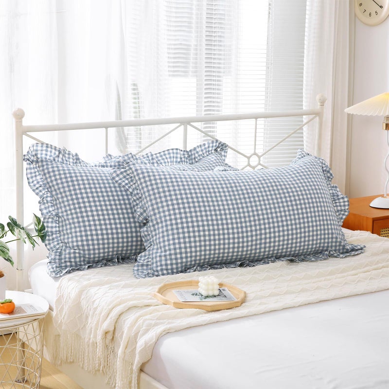 K MASANIJI K MASANIJI 2 Pack Dusty Blue Plaid Ruffle King Size Pillow Shams 20x36 inches  100% Cotton Gingham Checkered Farmhouse Pillow Covers for Bed/Sofa (20x36 inches  Dust Blue/White Plaid)  - Image 3