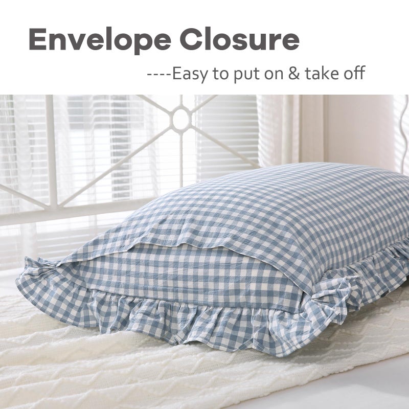 K MASANIJI K MASANIJI 2 Pack Dusty Blue Plaid Ruffle King Size Pillow Shams 20x36 inches  100% Cotton Gingham Checkered Farmhouse Pillow Covers for Bed/Sofa (20x36 inches  Dust Blue/White Plaid)  - Image 4