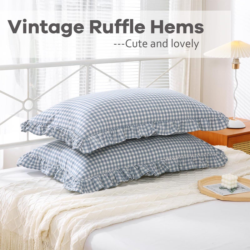 K MASANIJI K MASANIJI 2 Pack Dusty Blue Plaid Ruffle King Size Pillow Shams 20x36 inches  100% Cotton Gingham Checkered Farmhouse Pillow Covers for Bed/Sofa (20x36 inches  Dust Blue/White Plaid)  - Image 5
