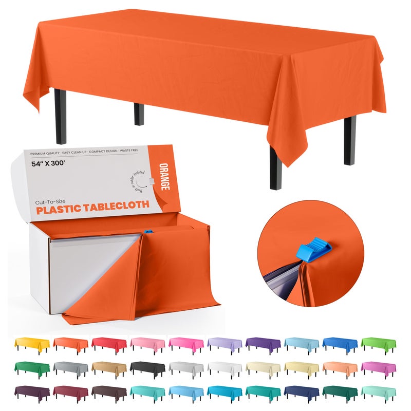 Party Solids Exquisite Party Solids 54 Inch X 300 Feet Orange Plastic Table Cover Roll in A Cut  to  Size Box with Convenient Slide Cutter Cuts Up to 36 Rectangle 8 Feet Plastic Disposable Tablecloths