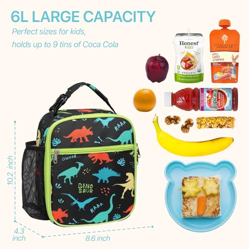 Bagseri Kids Lunch Box - Insulated Kids Lunch Bag for Boys Reusable Leak-Proof Boys Lunch Box Toddler Lunch Bag Cooler Bag for Daycare and School, Water-resistant Lining（Black Dinosaur） - Image 3