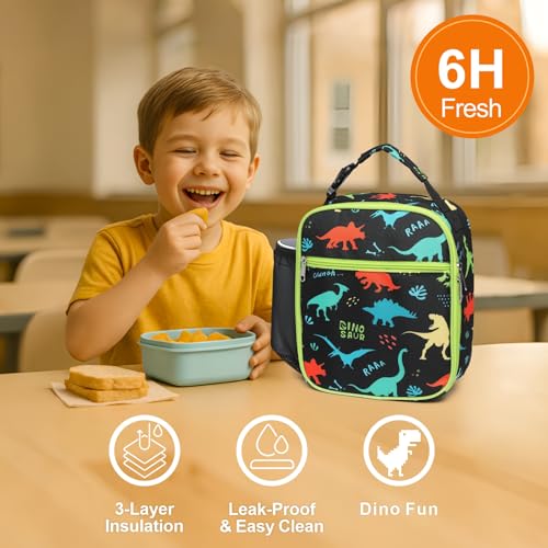 Bagseri Kids Lunch Box - Insulated Kids Lunch Bag for Boys Reusable Leak-Proof Boys Lunch Box Toddler Lunch Bag Cooler Bag for Daycare and School, Water-resistant Lining（Black Dinosaur） - Image 2