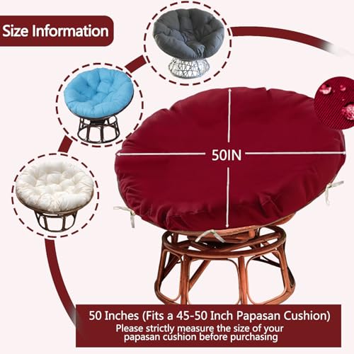 Sqodok Papasan Cushion Cover Only 50in Outdoor Indoor Papasan Chair Cushion Covers Waterproof Papasan Slipcover Papasan Covers for Cushions with Zipper and Ties, Machine Washable, Burgundy - Image 2