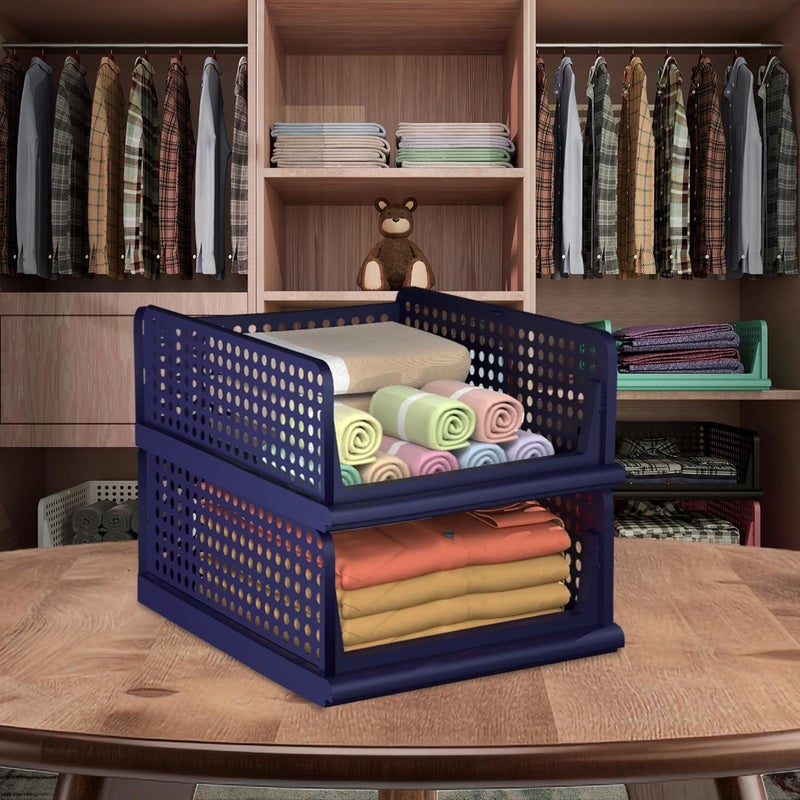 Kuber Industries Kuber Industries Large 2 Pcs Storage Organizer Cupboard Organizer Wardrobe Organizer For Clothes Foldable Shirt Stacker Box Closet Storage Basket Cloth Box for Almirah Blue  - Image 1