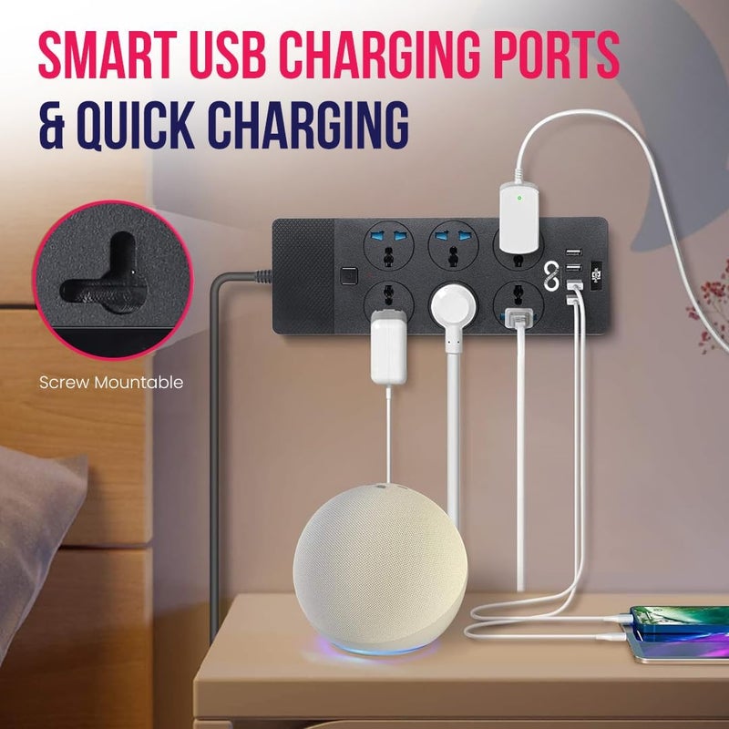 براندسفينتي سلك تمديد براندسفينيتي مع 6 منافذ و4 منافذ USB، سلك تمديد بطول 2 متر، كابل تمديد طاقة، واقي من زيادة التيار، مقبس متعدد - Image 4