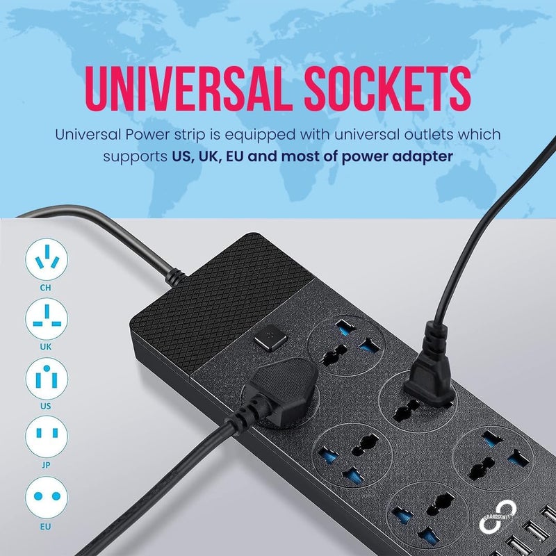 براندسفينتي سلك تمديد براندسفينيتي مع 6 منافذ و4 منافذ USB، سلك تمديد بطول 2 متر، كابل تمديد طاقة، واقي من زيادة التيار، مقبس متعدد - Image 5