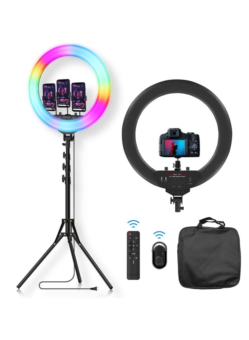 رينج لايت كبير 18 بوصة مع ترايبود وحامل موبايل – إضاءة RGB قابلة للتعتيم للاستوديوهات المهنية لتصفيف الشعر، التصوير الفوتوغرافي، وتسجيل الفيديو - Image 1