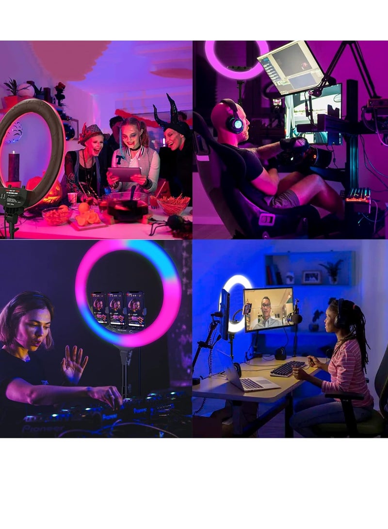 رينج لايت كبير 18 بوصة مع ترايبود وحامل موبايل – إضاءة RGB قابلة للتعتيم للاستوديوهات المهنية لتصفيف الشعر، التصوير الفوتوغرافي، وتسجيل الفيديو - Image 4