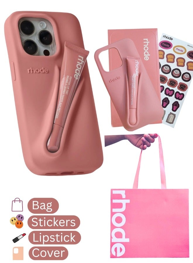 rhode Rhode Phone Case Combo for iPhone 15 Pro Max - Peptide Lip Gloss + Silicone Cover for iPhone 15 Pro Max with Tote Bag & Stickers - Gift Set for Girls/Women  - Image 1