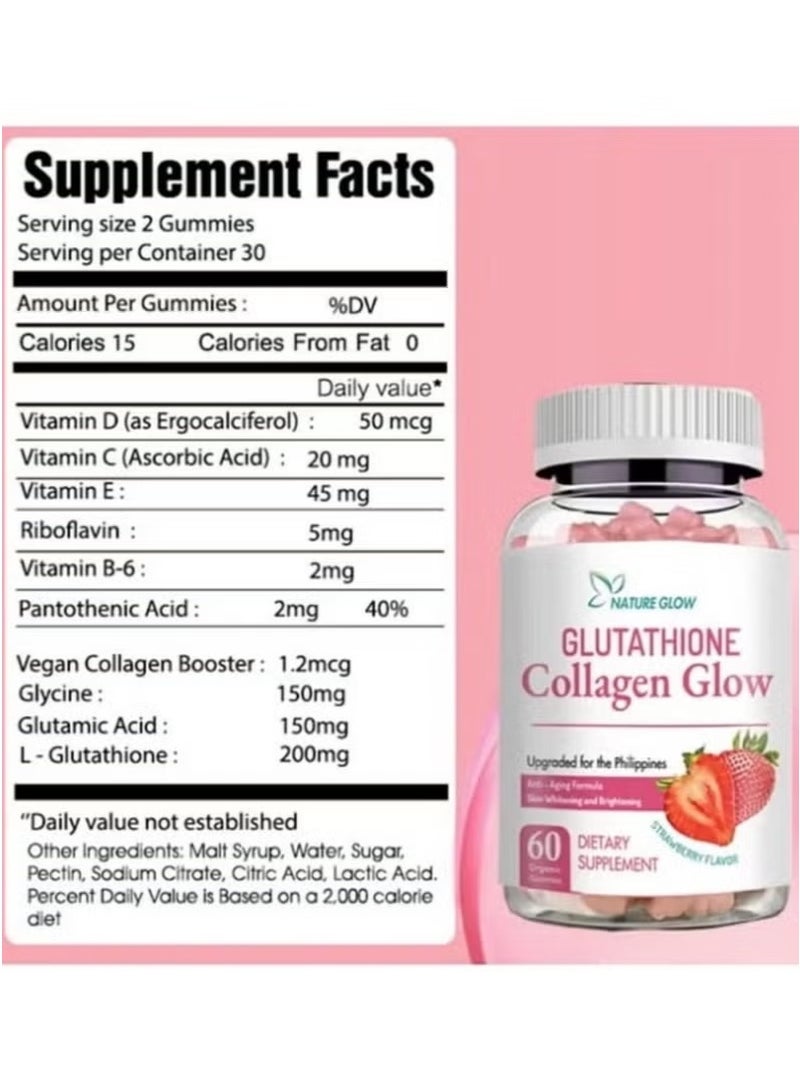 Nature Glow Collagen Glow Glutathione Gummies – 60pcs Vegan Skin Whitening & Glow Enhancer for Women & Men – Strawberry Flavor - Image 3