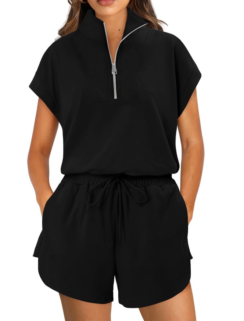 KISSMODA Two Piece Sets for Women Sweatsuit Casual Tracksuits Short Sleeve Half Zip Tops and Shorts 2026 Lounge Outfits Black Small