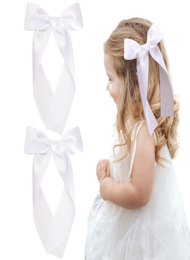 NCMAMA 2Pcs Hair Bows for Girls White Hair Clips Silk Hair Bow Ribbon Hair Accessories for Baby Toddlers Infant Teens Kids - Image 1