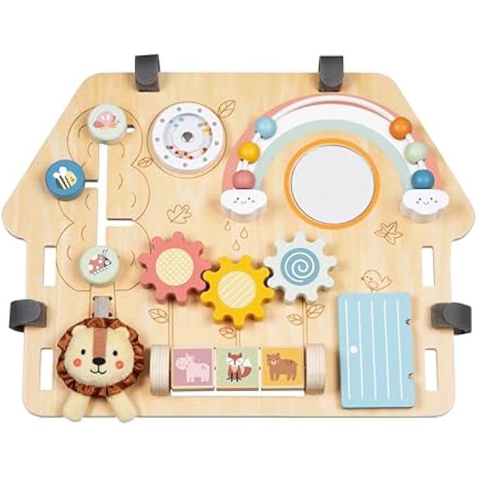 WOODEN ACTIVITY BOARD FOR BABIES & TODDLERS, MONTESSORI BUSY BOARD WITH BEADS, COGS & ANIMAL SORTERS, EDUCATIONAL TOY WITH PEEKABOO DOOR & MIRROR. BIRTHDAY GIFT FOR BOYS & GIRLS - Image 1