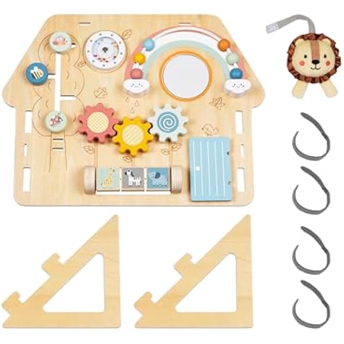 WOODEN ACTIVITY BOARD FOR BABIES & TODDLERS, MONTESSORI BUSY BOARD WITH BEADS, COGS & ANIMAL SORTERS, EDUCATIONAL TOY WITH PEEKABOO DOOR & MIRROR. BIRTHDAY GIFT FOR BOYS & GIRLS - Image 2