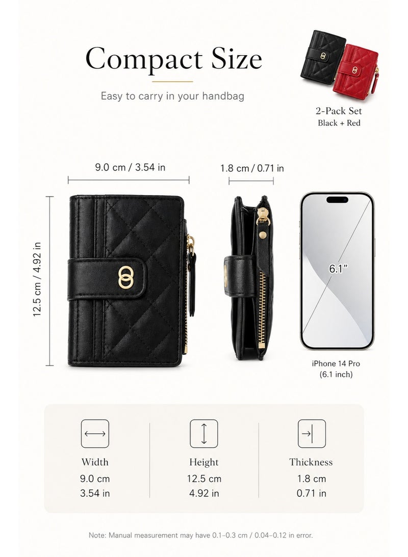 2-Pack Women's Small RFID Wallets, Black & Red PU Leather Bifold Card Holder with ID Window, Zip Coin Pocket, Snap Closure Mini Wallet for Cards, Cash & Coins - Image 4