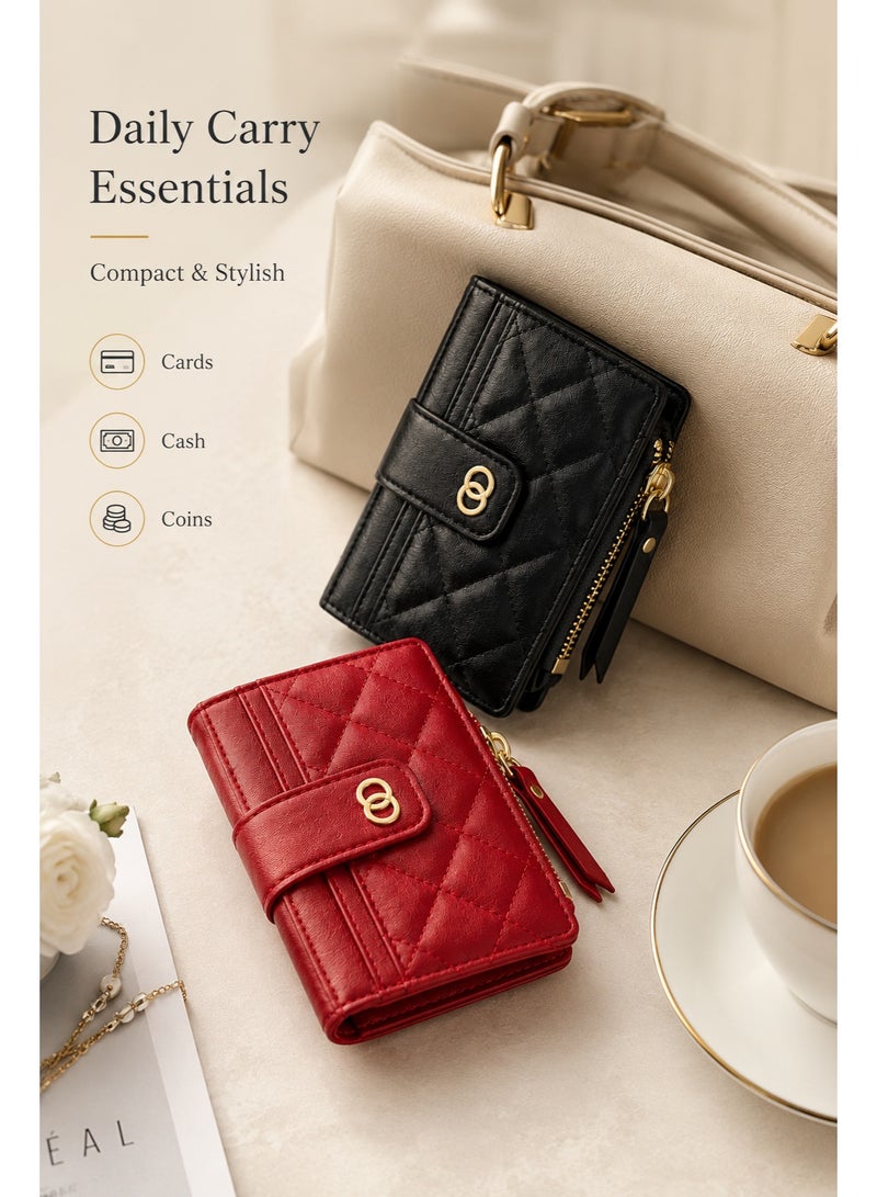 2-Pack Women's Small RFID Wallets, Black & Red PU Leather Bifold Card Holder with ID Window, Zip Coin Pocket, Snap Closure Mini Wallet for Cards, Cash & Coins - Image 3