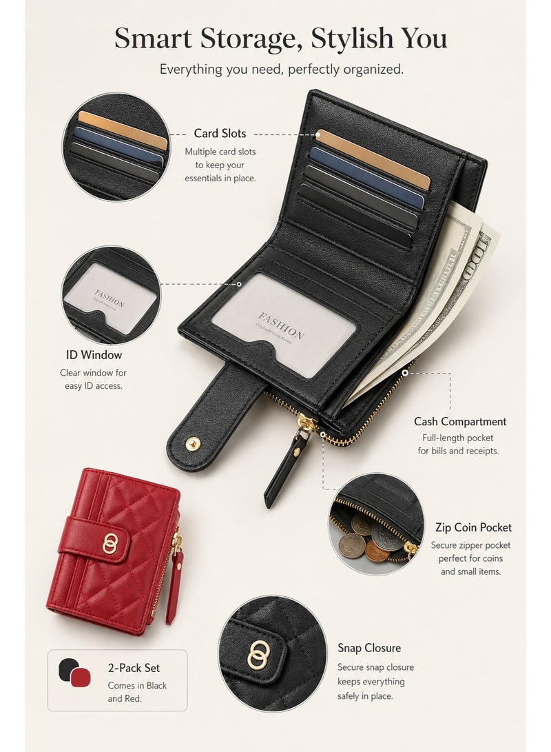 2-Pack Women's Small RFID Wallets, Black & Red PU Leather Bifold Card Holder with ID Window, Zip Coin Pocket, Snap Closure Mini Wallet for Cards, Cash & Coins - Image 5