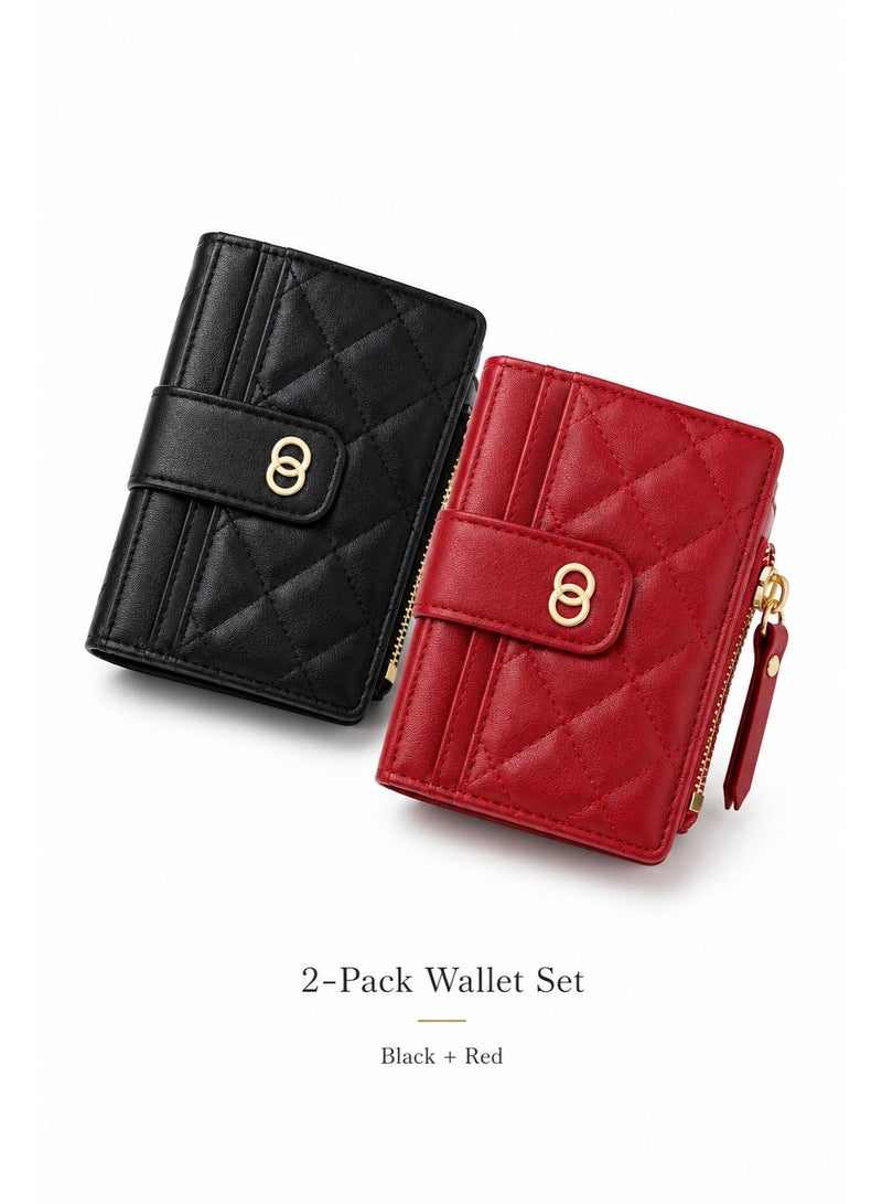 2-Pack Women's Small RFID Wallets, Black & Red PU Leather Bifold Card Holder with ID Window, Zip Coin Pocket, Snap Closure Mini Wallet for Cards, Cash & Coins - Image 1