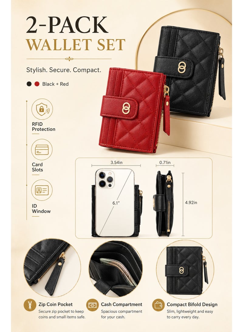 2-Pack Women's Small RFID Wallets, Black & Red PU Leather Bifold Card Holder with ID Window, Zip Coin Pocket, Snap Closure Mini Wallet for Cards, Cash & Coins - Image 2