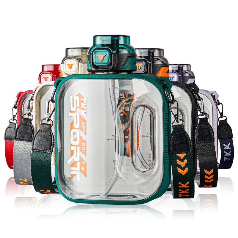 TKK Half Gallon Water Bottle Jug with Straw Large Capacity Plastic Water Bottle Dishwasher Safe 1/2 Gallon 64 Oz Water Bottle Jug BPA Free Tritan for Gym Yoga Travel Camping Outdoor Green Teal - Image 1