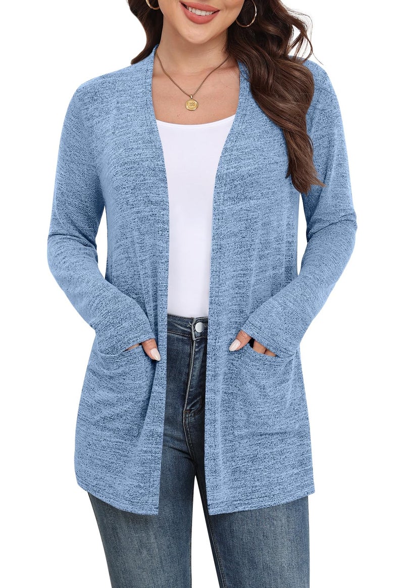 Yincro Womens Lightweight Cardigan Long Sleeve Open Front Casual Sweater Cardigans with Pockets (Blue, L) - Image 1