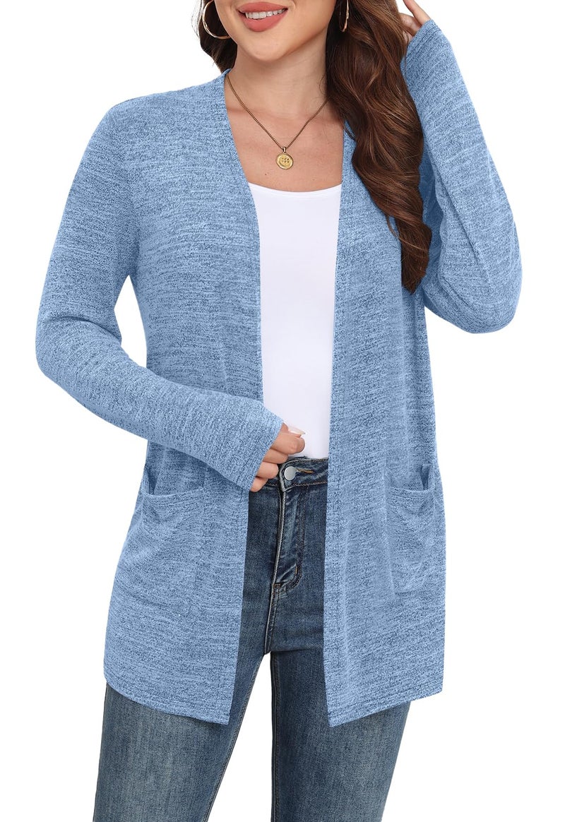Yincro Womens Lightweight Cardigan Long Sleeve Open Front Casual Sweater Cardigans with Pockets (Blue, L) - Image 3
