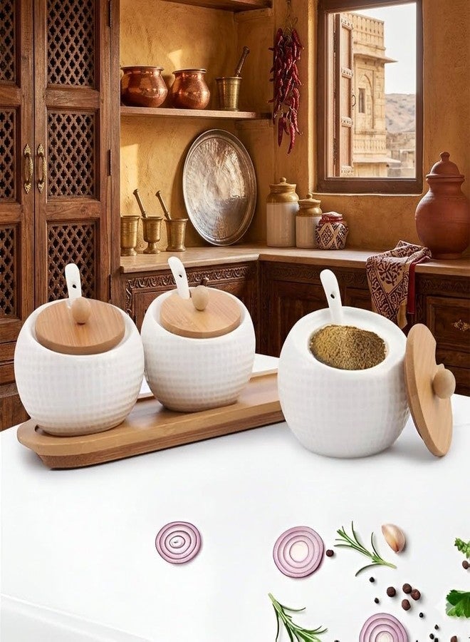 Simois Ceramic Jars for Coffee Tea Spice Jars, Condiment Pots. with Bamboo Lids and Spoon Cap Holder Spot Wooden Tray, Kitchen, Counter Spice Containers Salt Pepper Sugar(Pack of 1) - Image 2