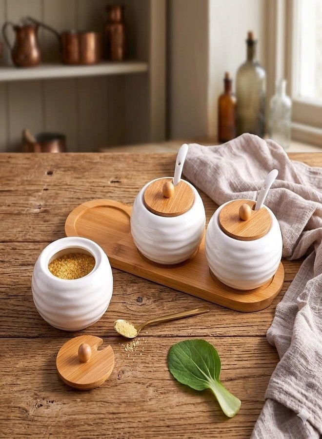 Simois Ceramic Jars for Coffee Tea Spice Jars, Condiment Pots. with Bamboo Lids and Spoon Cap Holder Spot Wooden Tray, Kitchen, Counter Spice Containers Salt Pepper Sugar(Pack of 1) - Image 4