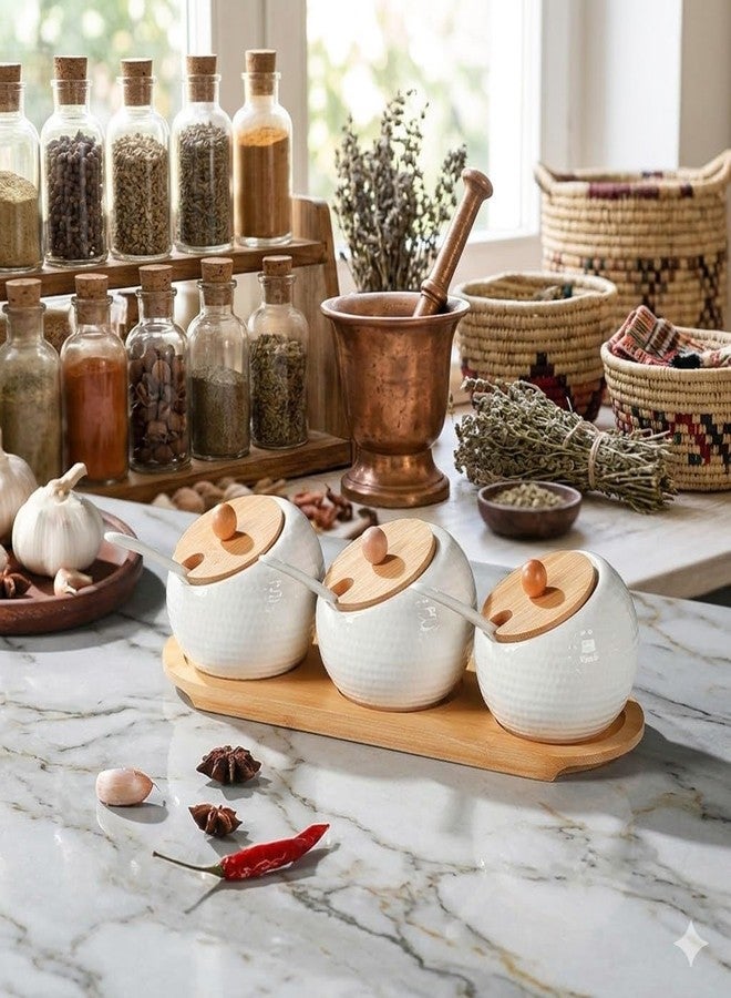 Simois Ceramic Jars for Coffee Tea Spice Jars, Condiment Pots. with Bamboo Lids and Spoon Cap Holder Spot Wooden Tray, Kitchen, Counter Spice Containers Salt Pepper Sugar(Pack of 1) - Image 5