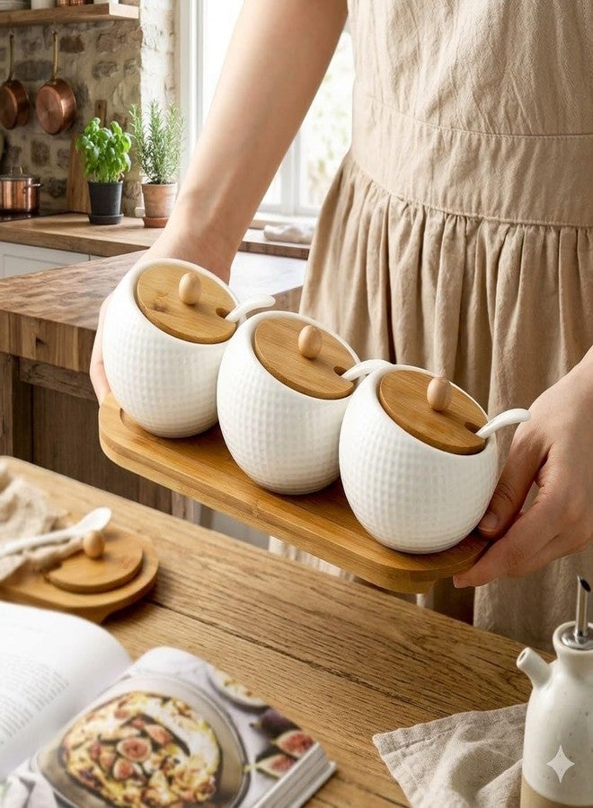 Simois Ceramic Jars for Coffee Tea Spice Jars, Condiment Pots. with Bamboo Lids and Spoon Cap Holder Spot Wooden Tray, Kitchen, Counter Spice Containers Salt Pepper Sugar(Pack of 1) - Image 3