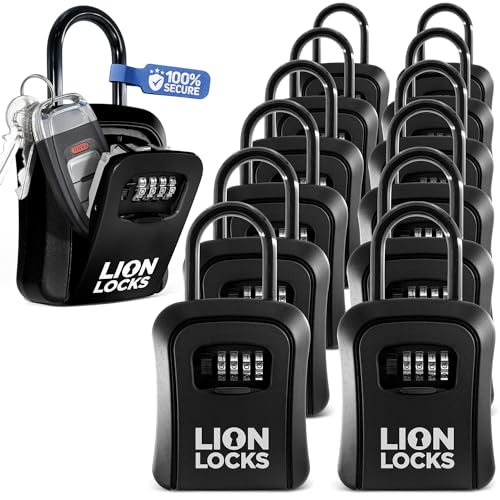 Lion Locks Key Lock Box for Keys with Code (12 Pack) 4 Digit Combination Lockbox for Keys Outdoor, Portable, Waterproof, Realtor Lock Box, Black - Image 1