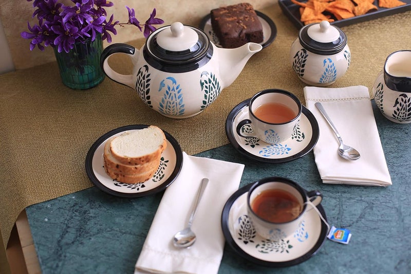 Caffeine Ceramic Handmade Stoneware Black Boota Tea Set Set of 15 pcs Microwave Dishwasher Safe Tea Set
